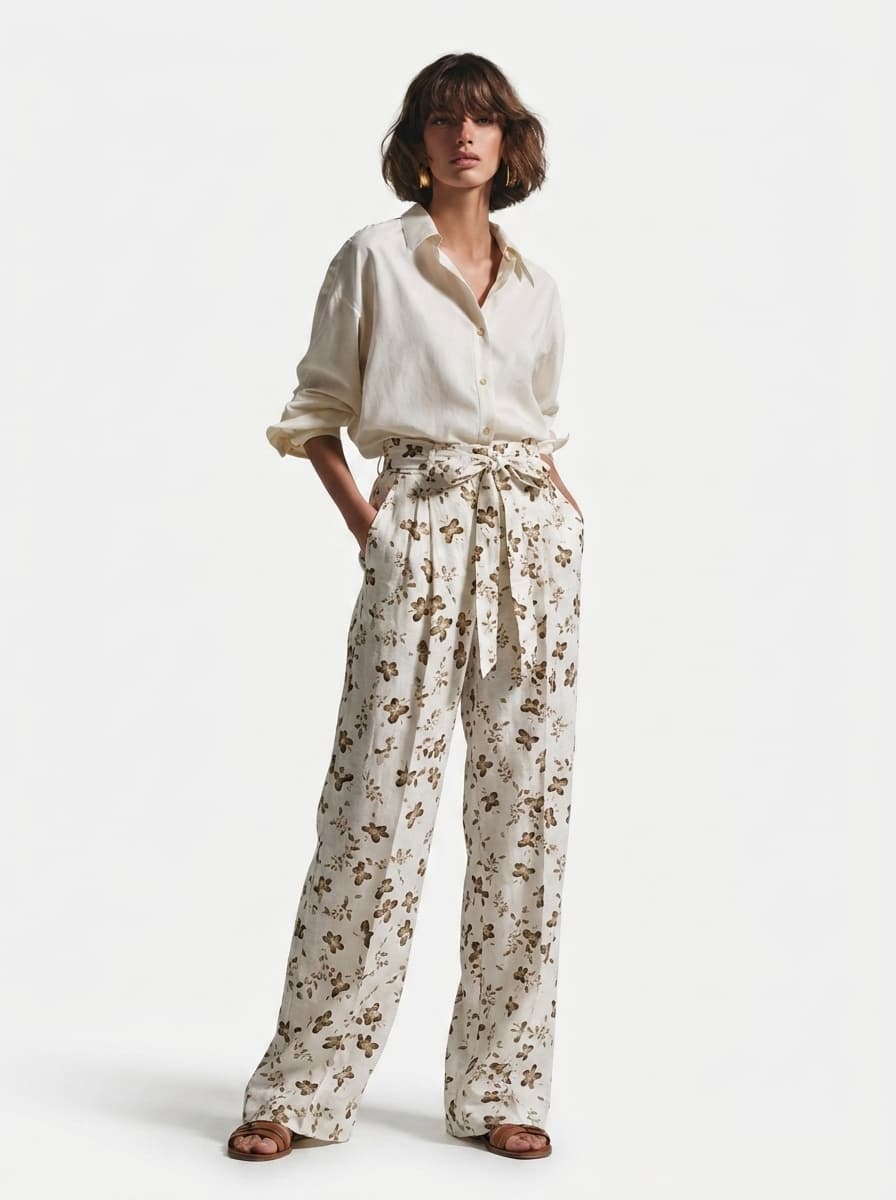 Floral Print Wide-Leg Pants with Tie Belt